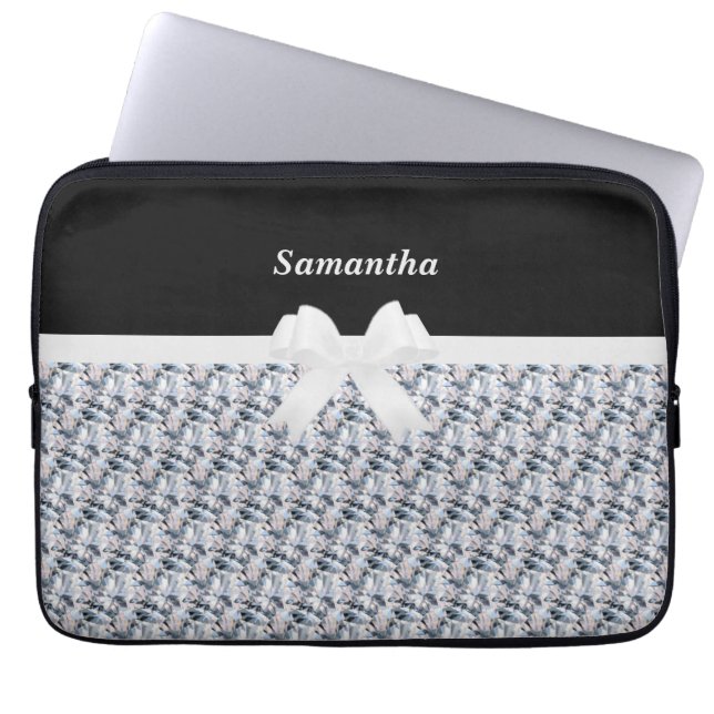 Elegant Black & Silver Grey Fractal Diamond Laptop Sleeve (Front)