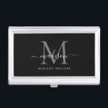 Elegant Black Silver Grey Monogram Script Name Business Card Holder<br><div class="desc">Elegant Black Silver Slate Grey Monogram Girly Script Name Business Card Case</div>