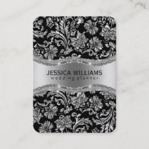 Elegant Black & Silver Grey Vintage Damasks Business Card