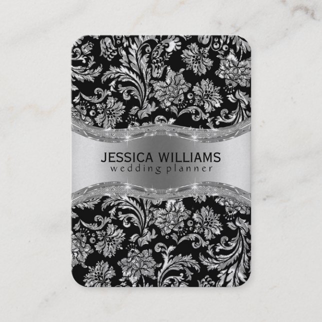 Elegant Black & Silver Grey Vintage Damasks Business Card (Front)