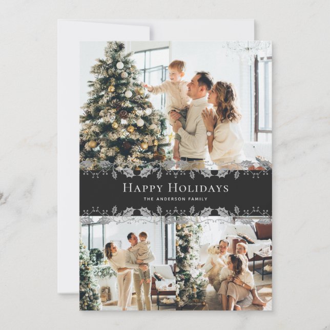 Elegant Black Silver Holly Photo Happy Holidays Holiday Card (Front)