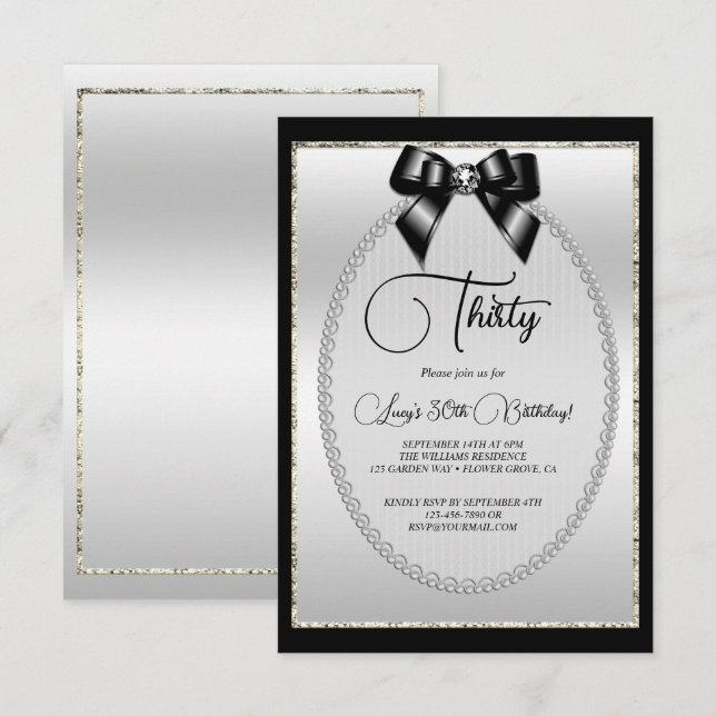 Elegant Black & Silver Jewel Bow Birthday Invitation (Front/Back)
