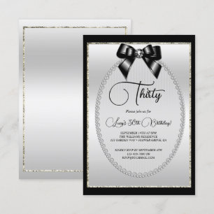 Elegant Black & Silver Jewel Bow Birthday Invitation