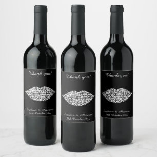 ELEGANT BLACK SILVER KISSING DIAMOND WINE LABEL