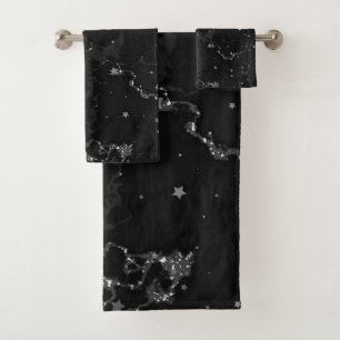 Elegant Black Silver Marble Stars Bath Towel Set