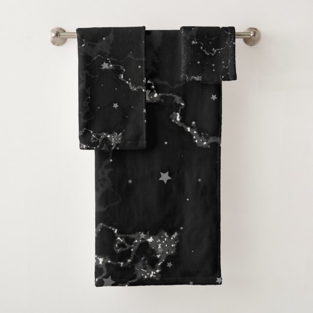Elegant Black Silver Marble Stars Bath Towel Set (Insitu)