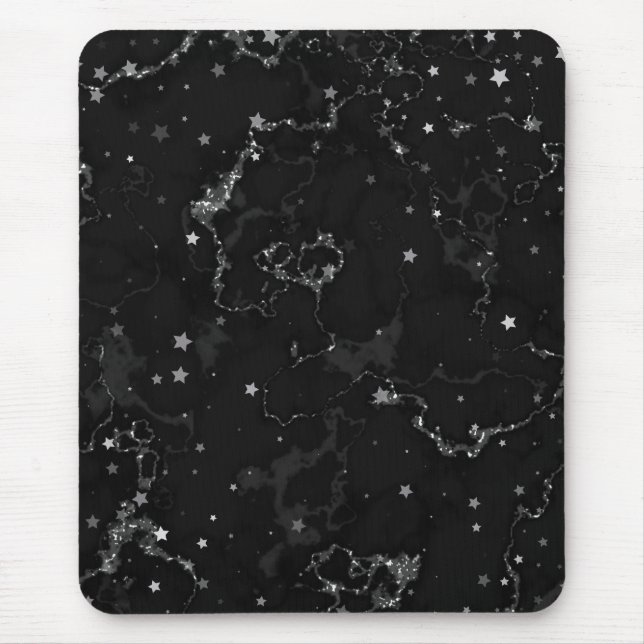 Elegant Black Silver Marble Stars Mouse Mat (Front)