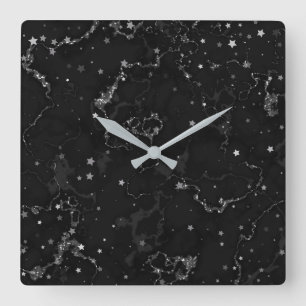 Elegant Black Silver Marble Stars Square Wall Clock