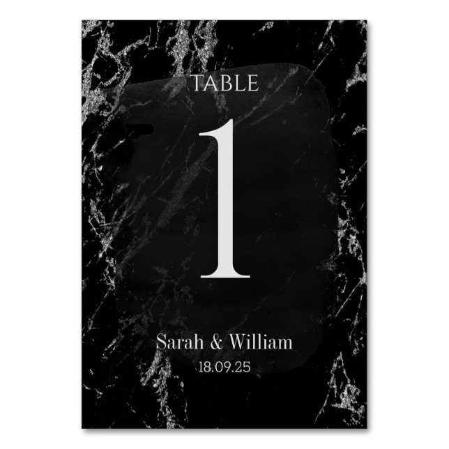 Elegant Black & Silver Marble Wedding Table Number (Front)