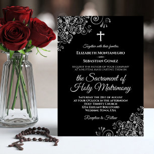 Elegant Black & Silver Modern Catholic Wedding Invitation