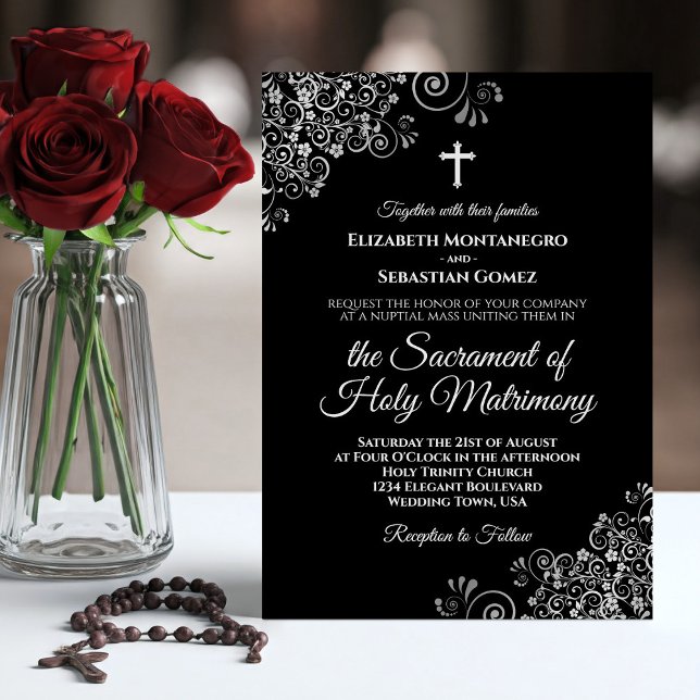 Elegant Black & Silver Modern Catholic Wedding Invitation (Creator Uploaded)