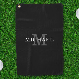 Elegant Black Silver Monogram Custom Name Golf Towel