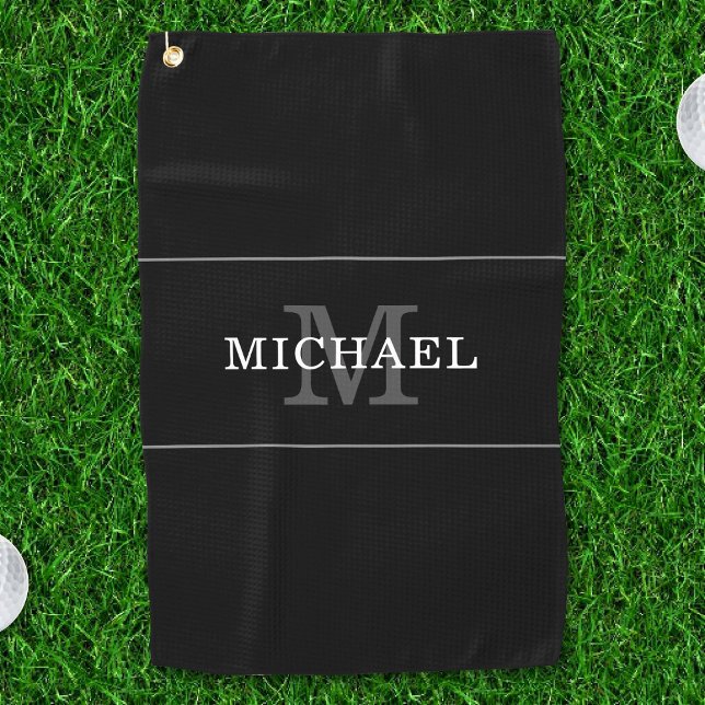 Elegant Black Silver Monogram Custom Name Golf Towel (Creator Uploaded)