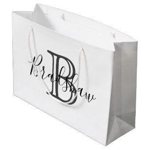 Elegant Black Silver Monogram Custom Name Large Gift Bag