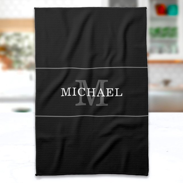 Elegant Black Silver Monogram Custom Name Tea Towel (Creator Uploaded)