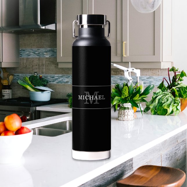 Elegant Black Silver Monogram Custom Name Water Bottle (Creator Uploaded)