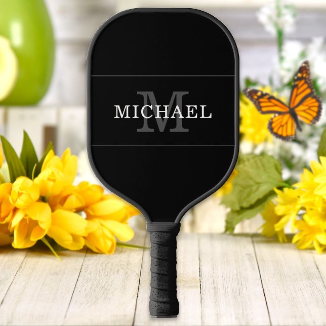 Elegant Black Silver Monogram Name Personalised Pickleball Paddle (Creator Uploaded)