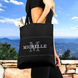 Elegant Black Silver Monogram Name Personalised Tote Bag