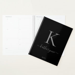Elegant Black Silver Monogram Name Planner