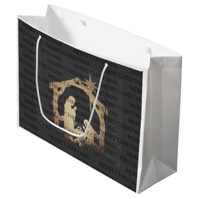 Elegant Black Silver Nativity Merry Christmas Large Gift Bag (Front Angled)