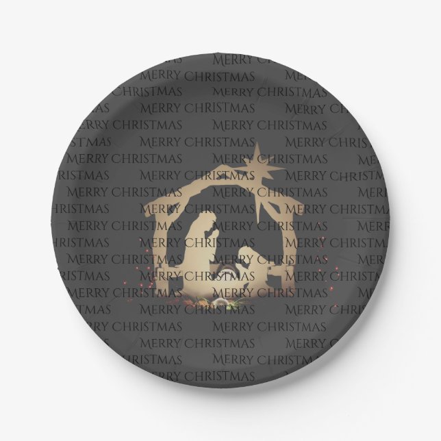 Elegant Black Silver Nativity Merry Christmas  Paper Plate (Front)