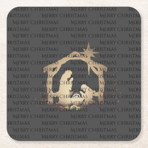 Elegant Black Silver Nativity Merry Christmas Square Paper Coaster