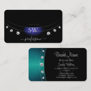 Elegant Black Silver Ocean Blue Monogram Diamonds Business Card