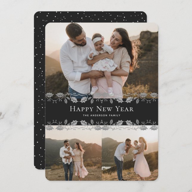 Elegant Black Silver Photo Happy New Year Card (Front/Back)