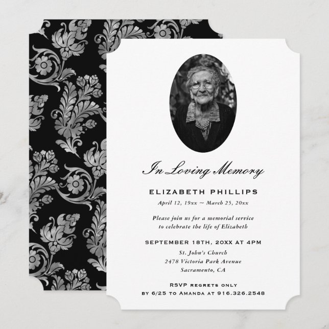 Elegant Black Silver Photo Memorial Invitation (Front/Back)