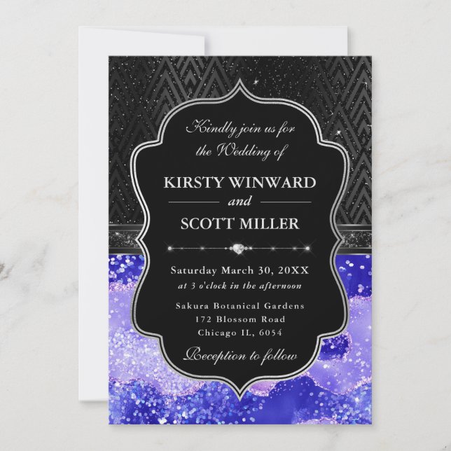 Elegant Black Silver Purple Agate Glitter Wedding Invitation (Front)