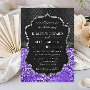 Elegant Black Silver Purple Floral Glitter Wedding Invitation