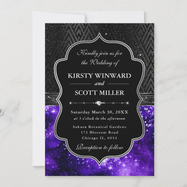 Elegant Black Silver Purple Galaxy Glitter Wedding Invitation (Front)