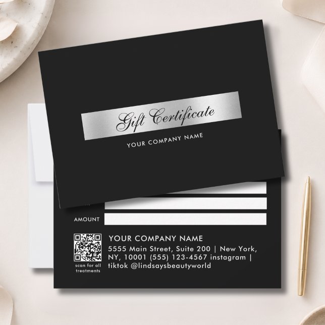 Elegant  Black Silver QR Code Gift Certficate (Elegant Black Silver QR Code Gift Certficate)