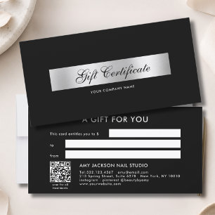 Elegant Black Silver QR Code Gift Certificate