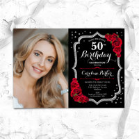 Elegant Black Silver Red Photo 50th Birthday