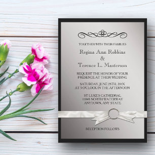 Elegant Black Silver Ribbon Wedding Invitation