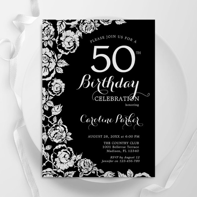 Elegant Black Silver Roses 50th Birthday Party Invitation (Creator Uploaded)
