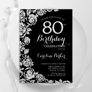 Elegant Black Silver Roses 80th Birthday Party Invitation