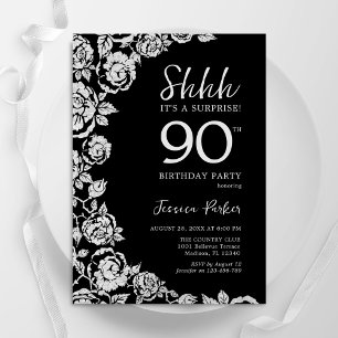 Elegant Black Silver Roses Surprise 90th Birthday Invitation