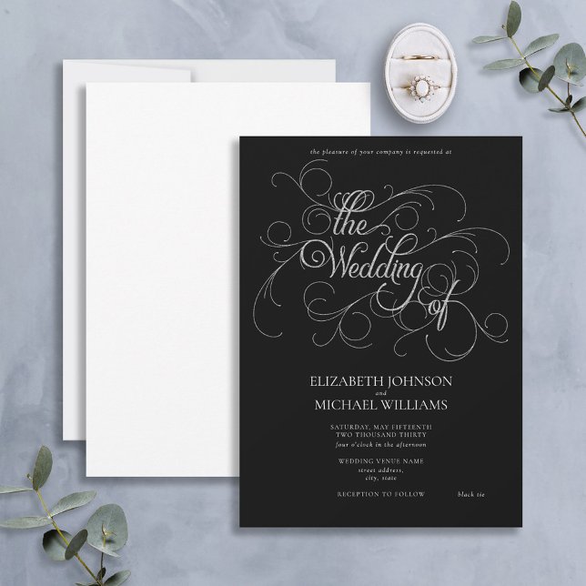 Elegant Black & Silver Script Black Tie Wedding Invitation (Creator Uploaded)