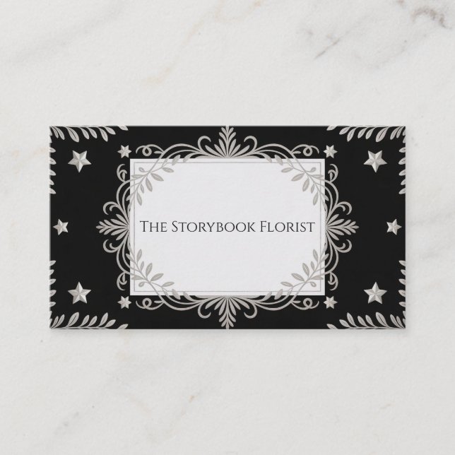 Elegant Black Silver Scrollwork Star Decorative Business Card (Front)