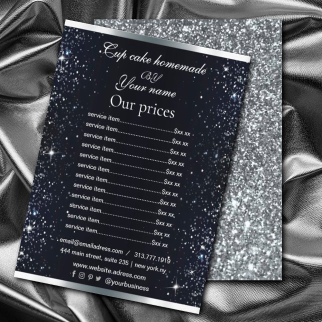 Elegant Black Silver Sparkle List Flyer (A chic black background, decorated with faux silver glitter, sparkles. #pricelist #glittersilver)
