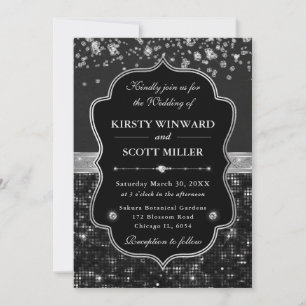 Elegant Black & Silver Sparkling Glitter Wedding Invitation