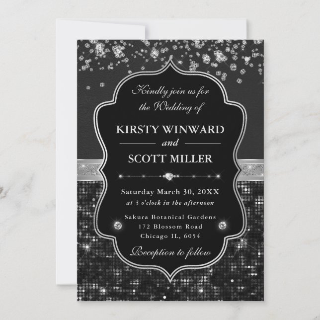 Elegant Black & Silver Sparkling Glitter Wedding Invitation (Front)