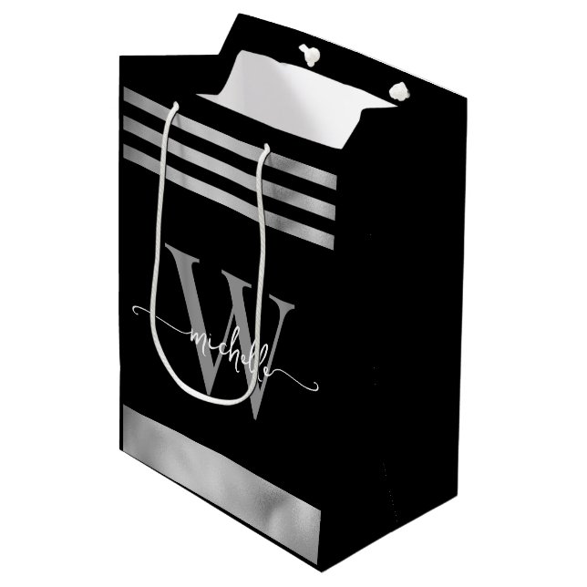 Elegant Black Silver Striped Monogram Script  Medium Gift Bag (Front Angled)