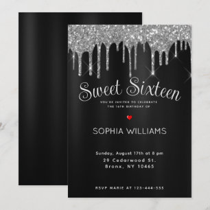 Elegant Black & Silver Sweet Sixteen Custom  Invitation