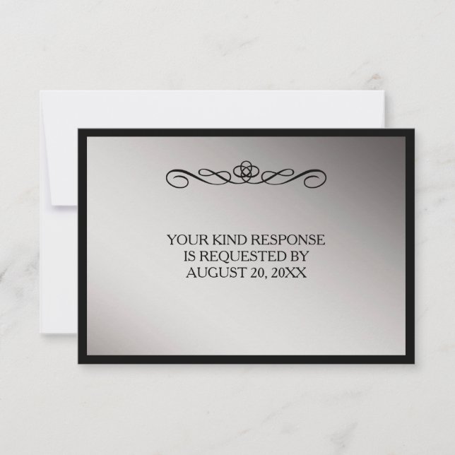 Elegant Black Silver Swirl Wedding RSVP Card (Front)
