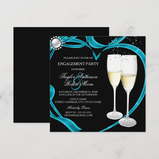 Elegant Black Silver & Teal Engagement Party Invitation (Front/Back)