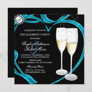 Elegant Black Silver & Teal Engagement Party Invitation