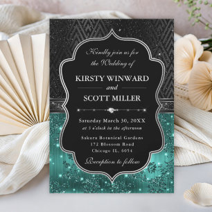 Elegant Black Silver Teal Floral Wedding Invitation